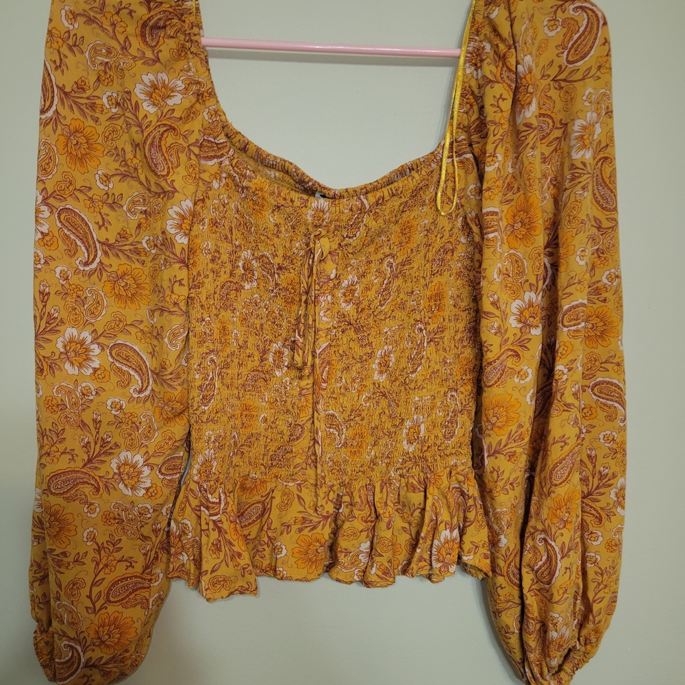 Patrons of Peace Mustard Paisley Smocked Peplum Blouse — Size Small